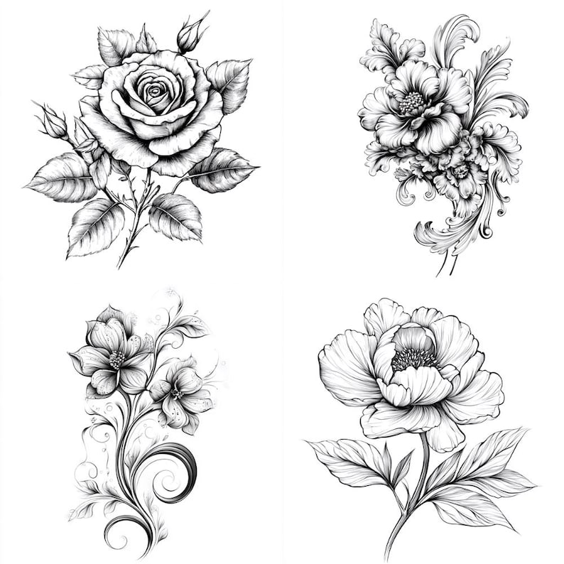43 Floral Tattoo Sketches Clipart PNG – 43 PNG Black & White Flower Line Art Illustrations – Digital Download – Commercial Use