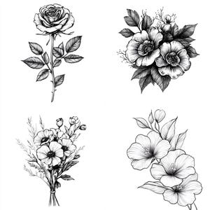 43 Floral Tattoo Sketches Clipart PNG – 43 PNG Black & White Flower Line Art Illustrations – Digital Download – Commercial Use