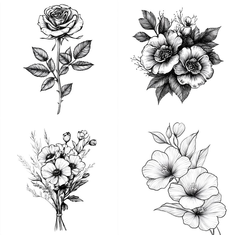 43 Floral Tattoo Sketches Clipart PNG – 43 PNG Black & White Flower Line Art Illustrations – Digital Download – Commercial Use