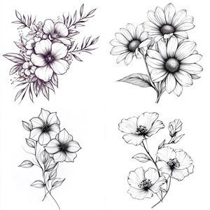 43 Floral Tattoo Sketches Clipart PNG – 43 PNG Black & White Flower Line Art Illustrations – Digital Download – Commercial Use