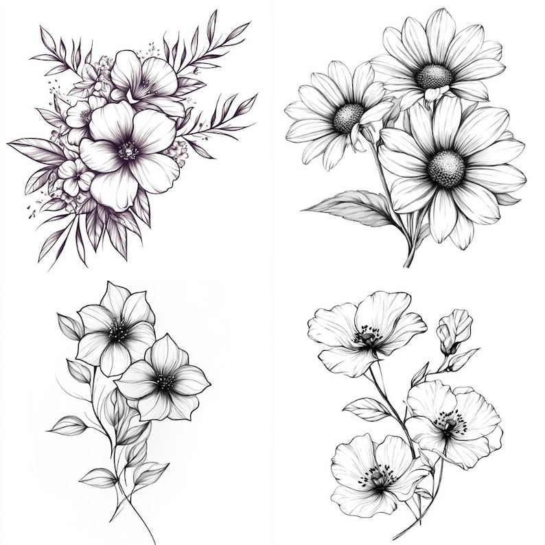 43 Floral Tattoo Sketches Clipart PNG – 43 PNG Black & White Flower Line Art Illustrations – Digital Download – Commercial Use