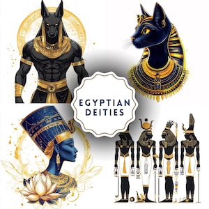 Peut inclure: Un collage de divinités égyptiennes. On y voit Anubis, un chat noir, Néfertiti et d'autres figures. Les illustrations sont en noir, or et bleu, avec le texte "EGYPTIAN DEITIES" dans un cercle blanc.
