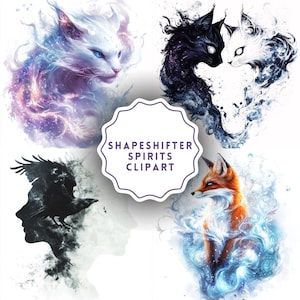 May include: Digital clipart featuring four mystical animal portraits: a white cat, two black and white cats, a raven in silhouette, and a fox. The image includes the text "SHAPESHIFTER SPIRITS CLIPART" in a white, scalloped frame.