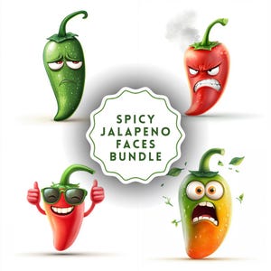 Może przedstawiać: Cztery kreskówkowe papryczki jalapeno z różnymi wyrażeniami twarzy. Papryczki są zielone, czerwone i pomarańczowe. Tekst "Spicy Jalapeno Faces Bundle" znajduje się w białym kółku z zielonym obramowaniem.