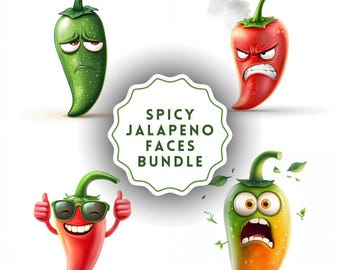 Spicy Jalapeno Faces Clipart: 41 Funny Chili Pepper PNGs (Digital Download)