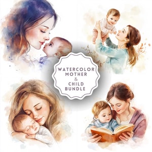 25 Clipart de Mãe e Filho em Aquarela PNG - 25 Mãe e Bebê Carinhosos PNG - Uso Comercial - Download Digital