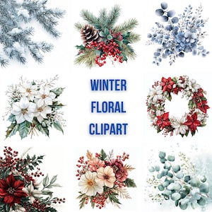 Conjunto de clipart floral de inverno - Poinsétias, azevinhos, raminhos de pinheiro e buquês festivos
