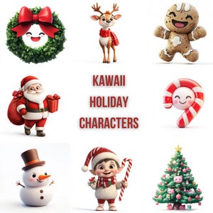 Kawaii Holiday Characters Clipart - Fröhliche Weihnachtssymbole mit niedlichen Gesichtsausdrücken
