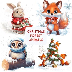 Op de afbeelding: Waterverfillustraties van kerstbosdieren. Een konijn op een slee, een vos met een zuurstok, een uil op een boomstam en vossen die een kerstboom versieren. De tekst "CHRISTMAS FOREST ANIMALS" staat in het midden.
