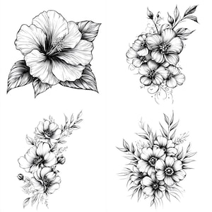43 Floral Tattoo Sketches Clipart PNG – 43 PNG Black & White Flower Line Art Illustrations – Digital Download – Commercial Use