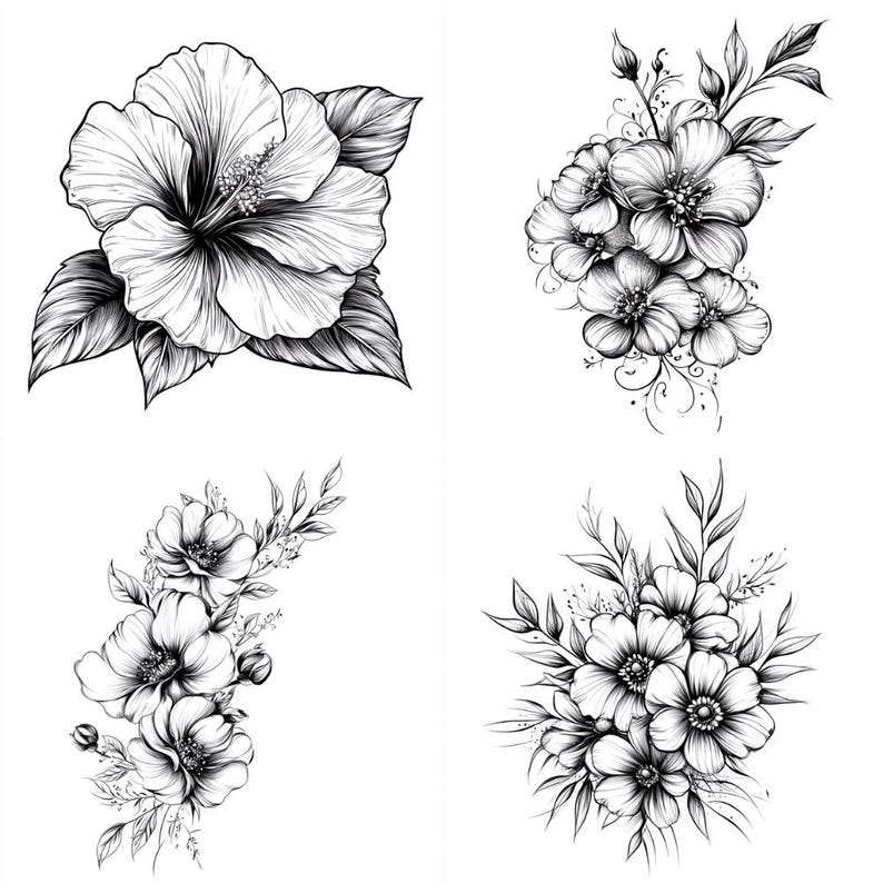 43 Floral Tattoo Sketches Clipart PNG – 43 PNG Black & White Flower Line Art Illustrations – Digital Download – Commercial Use