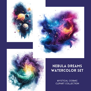 Nebula Watercolor Clipart Set: Cosmic Dreams PNG (Digital Download, Commercial Use)