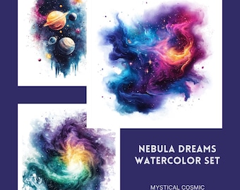 Puede incluir: Un conjunto de tres ilustraciones de acuarela de nebulosas, cada una con un esquema de color único y patrones en espiral. La primera nebulosa es de un azul profundo y morado con un toque de naranja, la segunda es de un verde vibrante y amarillo, y la tercera es de un rosa suave y azul. Las ilustraciones son perfectas para agregar un toque de belleza cósmica a cualquier proyecto.