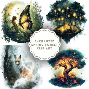 May include: A digital clip art set featuring four images of an enchanted spring forest. The images include a fairy with a butterfly, a glowing tree, a fox, and a forest with glowing lanterns.