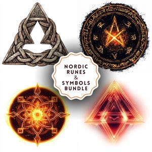 Peut inclure: Image présentant quatre runes et symboles nordiques. On y trouve un triangle en nœud celtique, un motif circulaire avec une étoile, un motif circulaire avec un motif géométrique et un triangle rougeoyant. Le texte "Nordic Runes & Symbols Bundle" est également présent.