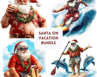May include: A digital illustration bundle featuring Santa Claus on vacation. Santa is depicted in various tropical settings, including surfing, building sandcastles, and enjoying a drink. The text "SANTA ON VACATION BUNDLE" is displayed on a white background.