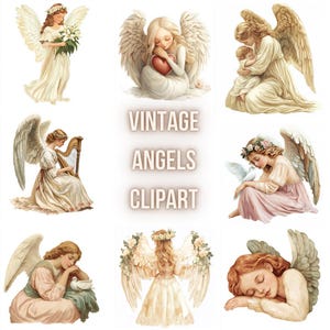 Vintage clipartset engel: serene engelen met zachte kleuren en delicate details als decoratie voor kerst en feestdagen