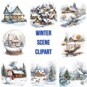 Clipart knusse wintertaferelen – Met sneeuw bedekte huisjes en serene winterillustraties