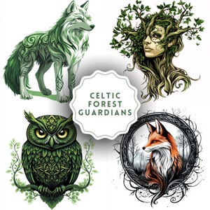 Puede incluir: Ilustración digital de cuatro Guardianes del Bosque Celta. Un lobo verde, una mujer con una corona de hojas, un búho detallado y un zorro en un marco circular. El texto "Celtic Forest Guardians" está presente.