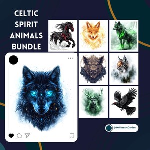 Könnte beinhalten: Eine digitale Collage aus neun keltischen Geistertieren, darunter ein Wolf, ein Pferd, ein Fuchs, ein Eber, ein Luchs, ein Hirsch, ein Rabe und zwei weitere Wölfe. Die Bilder sind in einem Rasterformat angeordnet und haben einen weißen Hintergrund. Der Text "Celtic Spirit Animals Bundle" befindet sich oben im Bild.