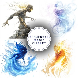 Puede incluir: Clipart digital con cuatro figuras de magia elemental: tierra, aire, agua y fuego. La figura de la tierra está hecha de piedra y madera, la figura del aire es una luz arremolinada, la figura del agua es azul y la figura del fuego es naranja. El texto "ELEMENTAL MAGIC CLIPART" está en un círculo blanco.