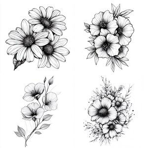43 Floral Tattoo Sketches Clipart PNG – 43 PNG Black & White Flower Line Art Illustrations – Digital Download – Commercial Use