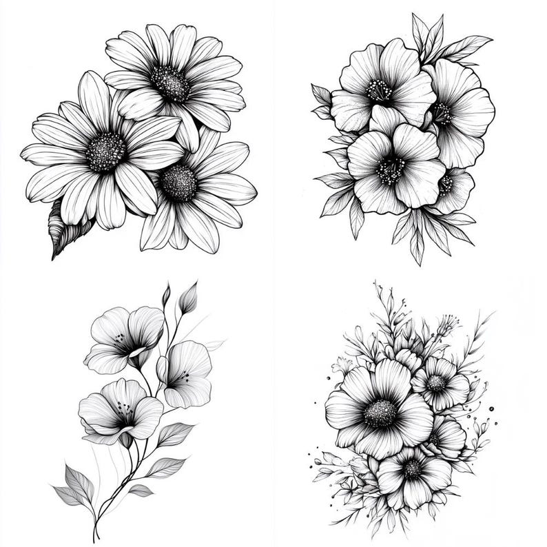 43 Floral Tattoo Sketches Clipart PNG – 43 PNG Black & White Flower Line Art Illustrations – Digital Download – Commercial Use
