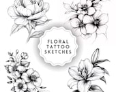Floral Tattoo Sketches Clipart – Black and White Flower Illustrations (PNG Digital Download)