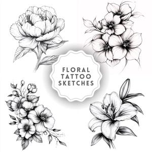 43 bocetos de tatuajes florales (PNG) – 43 ilustraciones de arte lineal de flores en blanco y negro (PNG) – Descarga digital – Uso comercial