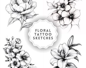 Clipart de bocetos de tatuajes florales: ilustraciones de flores en blanco y negro (descarga digital PNG)