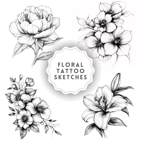 Floral Tattoo Sketches Clipart – Black and White Flower Illustrations (PNG Digital Download)