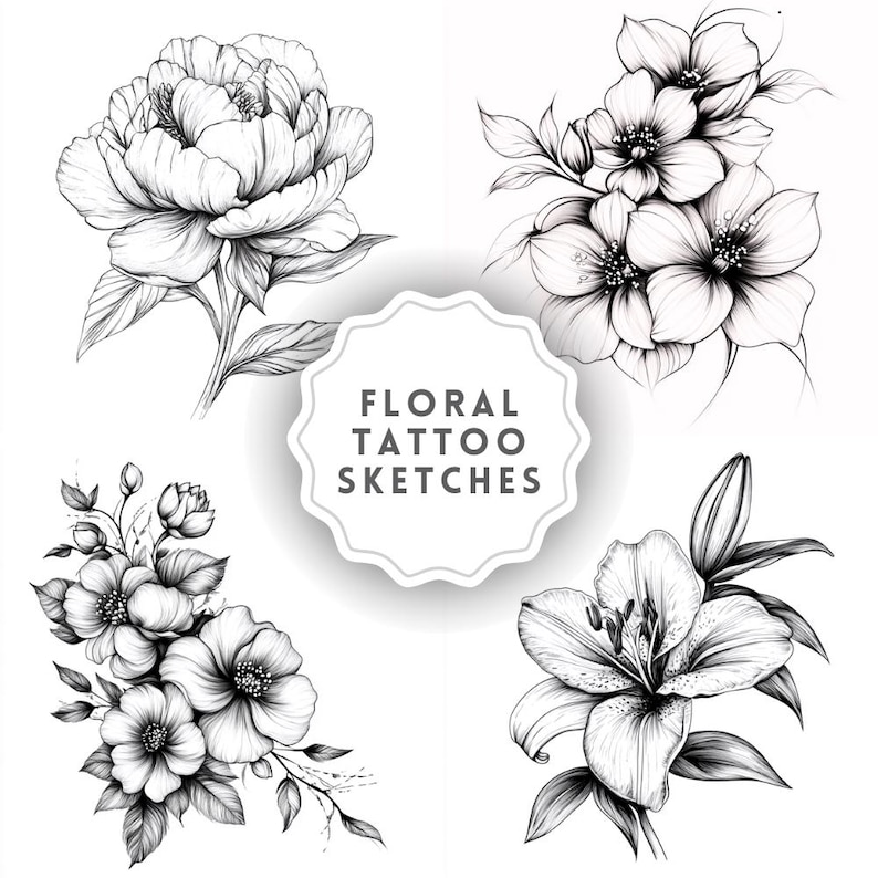 43 Floral Tattoo Sketches Clipart PNG – 43 PNG Black & White Flower Line Art Illustrations – Digital Download – Commercial Use