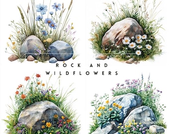 Puede incluir: Cuatro ilustraciones de acuarela de rocas y flores silvestres. La imagen superior izquierda muestra una roca gris con flores silvestres azules y blancas. La imagen superior derecha muestra una roca marrón con margaritas blancas. La imagen inferior izquierda muestra una roca gris con flores silvestres rojas, amarillas y moradas. La imagen inferior derecha muestra un grupo de rocas grises con flores silvestres amarillas y moradas.