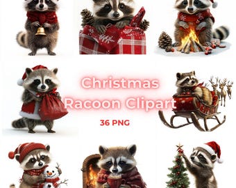 Christmas Raccoon Clipart PNG Bundle: Holiday Illustrations (Digital Download, 36 Elements)