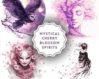 Puede incluir: Cuatro ilustraciones digitales con flores de cerezo y figuras místicas. La primera imagen muestra un búho morado volando frente a una luna rosa. La segunda imagen muestra un cerezo rosa con la cara de una mujer en el tronco. La tercera imagen muestra la cara de una mujer con una máscara blanca rodeada de flores de cerezo rosas. La cuarta imagen muestra a una mujer con un kimono negro con flores de cerezo rosas cayendo a su alrededor.