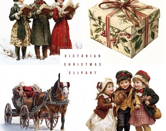 May include: Victorian Christmas clipart featuring a group of carolers singing from songbooks, a horse-drawn carriage, a gift box with a red ribbon and holly, and three children in winter clothing.