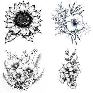 43 Floral Tattoo Sketches Clipart PNG – 43 PNG Black & White Flower Line Art Illustrations – Digital Download – Commercial Use