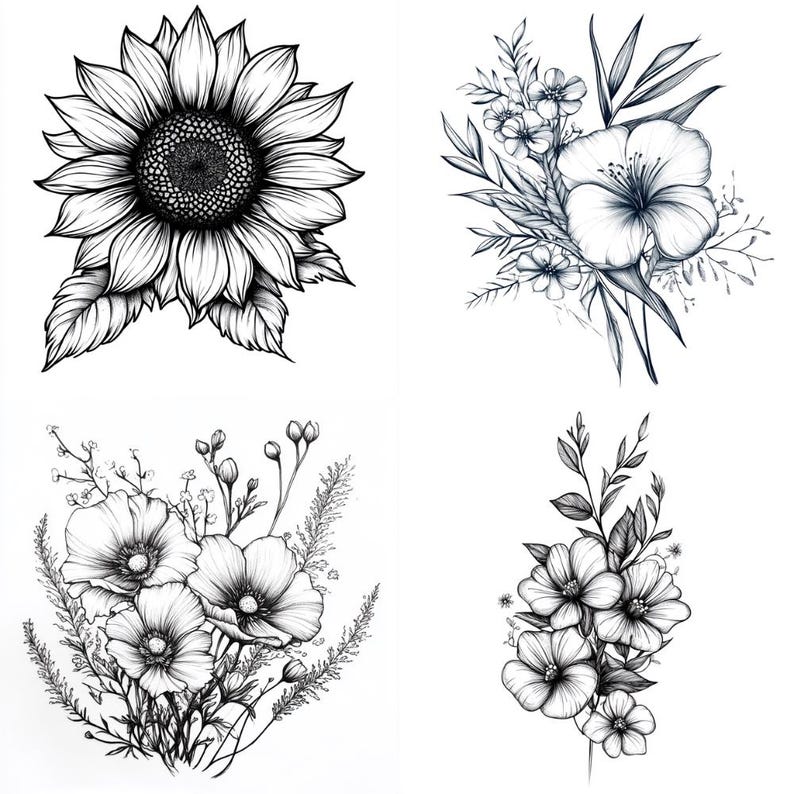 43 Floral Tattoo Sketches Clipart PNG – 43 PNG Black & White Flower Line Art Illustrations – Digital Download – Commercial Use
