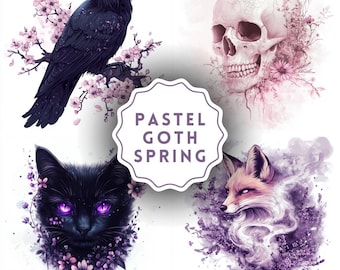 Puede incluir: Un collage de arte digital con un tema de primavera gótica pastel. El collage presenta un cuervo negro posado en una rama de cerezos en flor rosa, un gato negro con ojos morados rodeado de flores moradas, una calavera blanca con flores rosas y un zorro rojo con flores moradas y humo.