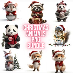 Pacote de animais de Natal PNG, 18 ilustrações fofas de Natal, sublimação festiva, criação de cartões de Natal, artesanato em papel, uso comercial gratuito