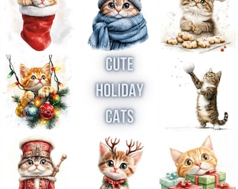 Clipart kerstkatten – feestelijke kerst-png-afbeeldingen (digitale download)