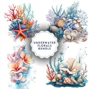 Underwater Floral Clipart Set: Ocean Flowers, Corals, Pearls (Digital Download, Commercial Use PNGs)