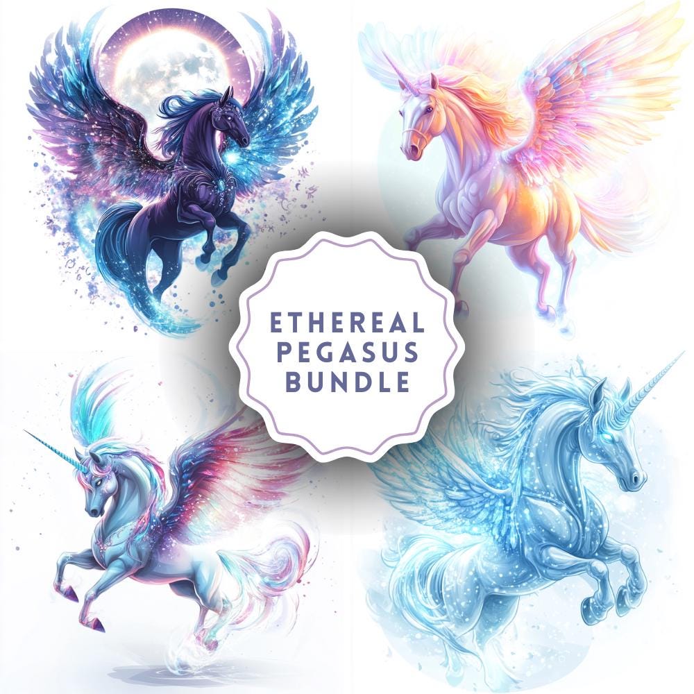 Ethereal Pegasus Clipart: Winged Horse Vector Art (PNG Digital Download ...
