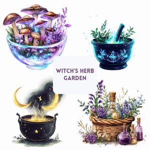 May include: Digital illustration of a witch's herb garden. The image shows a glass bowl with mushrooms, a mortar and pestle, a cauldron with moons, and a basket with bottles and lavender. Text reads "Witch's Herb Garden."