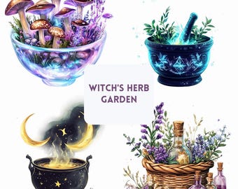 Witch's Herb Garden Clipart | Magical Herbs, Potion Labels & Enchanted Garden Tools PNG Set