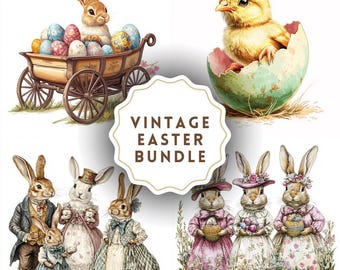 Vintage Easter Clipart PNG: Retro Bunnies, Commercial Use (Digital Download)