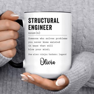 May include: White ceramic mug with a black handle and rim. The mug features the text "STRUCTURAL ENGINEER" above a definition, with the name "Olivia" printed below. A perfect gift for an engineer.