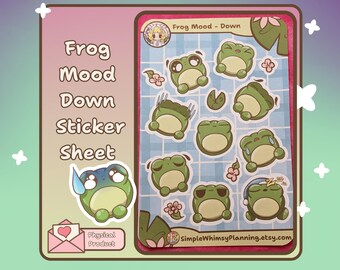 Emoji Stickers | Sad Frog Sticker Sheet | Down Mood Frog Stickers for Planners, Journals, Scrapbooking | Lonely, Tired, Drained Frog