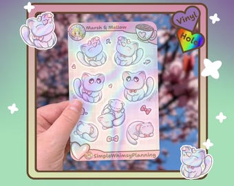 Holographic Cat Sticker Sheet – Vinyl Waterproof Kawaii Stickers of Marsh & Mellow – Cute Gift for Cat Lovers or Planners