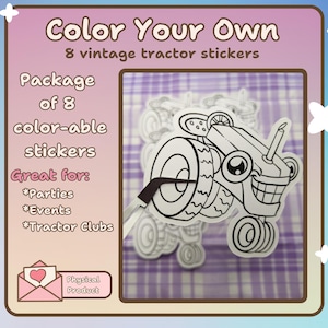 Color Your Own Sticker | Tractor Sticker - Vintage | Funny Tractor Sticker, Farm Life, Tractor Gift, Farm Birthday, Color Book Sticker